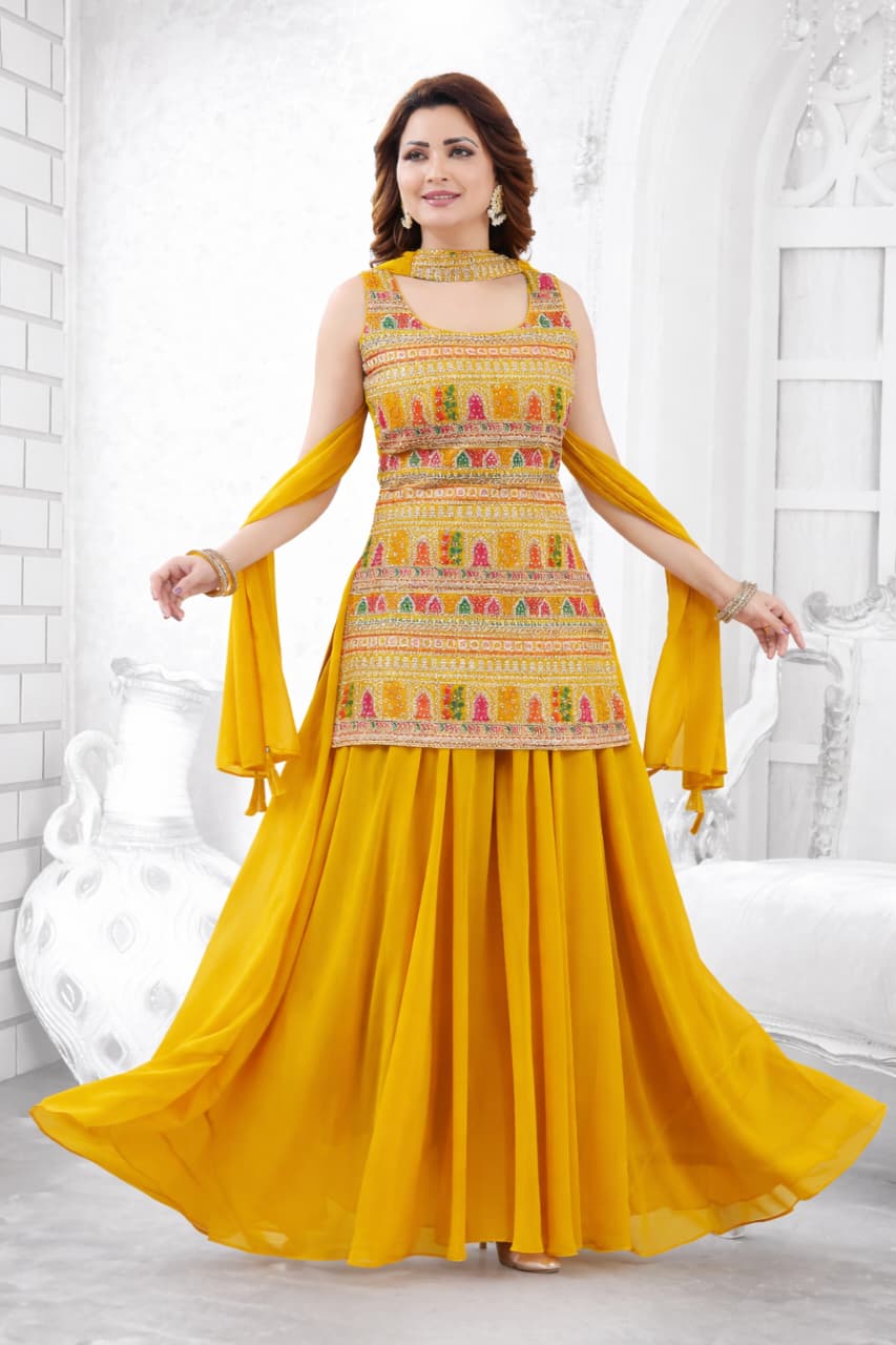 Mornee Mustard Yellow Indo Western Kurti Set with Flared Skirt