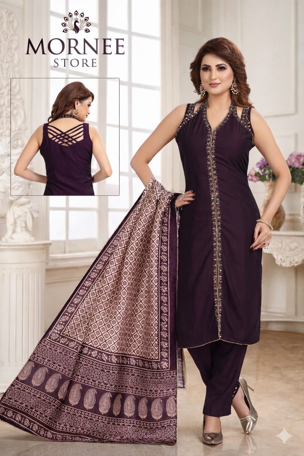 Mornee Wine Straight Fit Kurti Set with Printed Dupatta